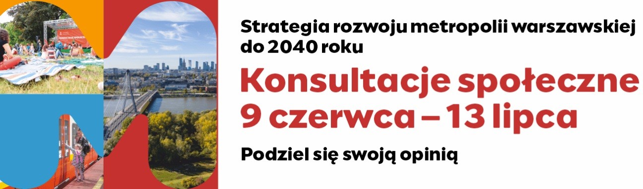Grafika Warszawy czerwone i czarne napisy informujące o konsultacjach społecznych strategii rozwoju metropolii warszawskiej do 2040 roku