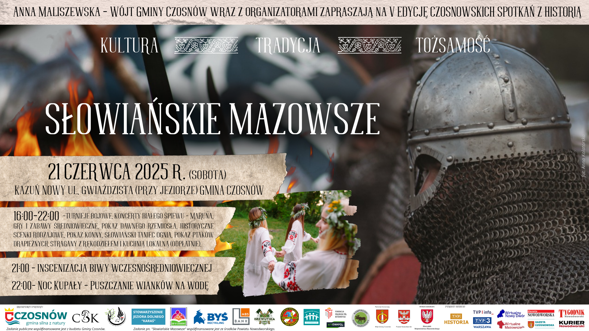 na plakacie rycerz średniowieczny i Słowianki oraz białe i czarne napisy informujące o wydarzeniu