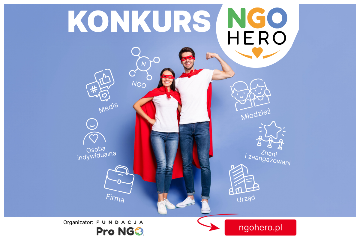 Mężczyzna i kobieta w czerwonych pelerynach na niebieskim tle z białym napisem Konkurs NGO HERO. 