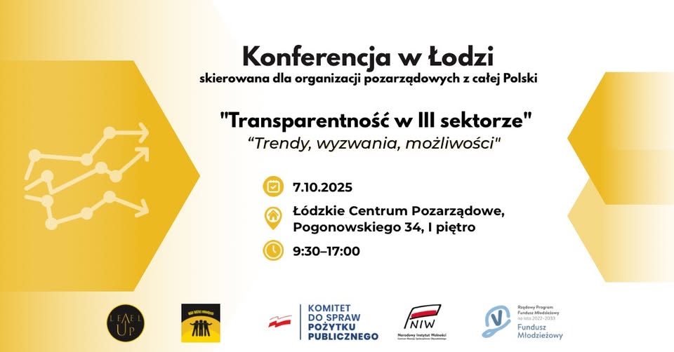 Czarne napisy na żółtym tle informujące o konferencji i konkursie w 3 sektorze