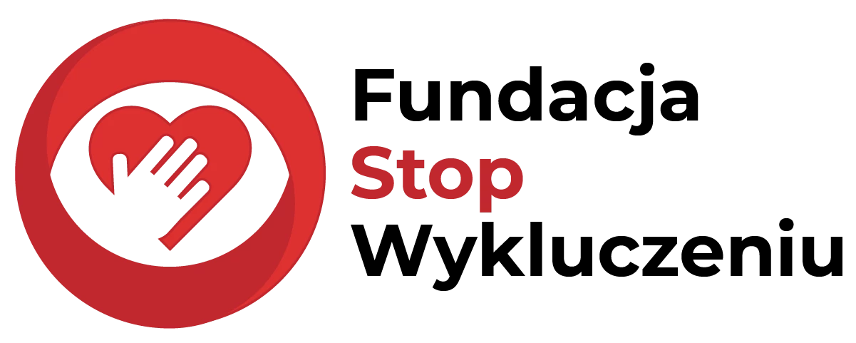 Czarno czerwony napis na białym tle Fundacja Stop Wykluczeniu